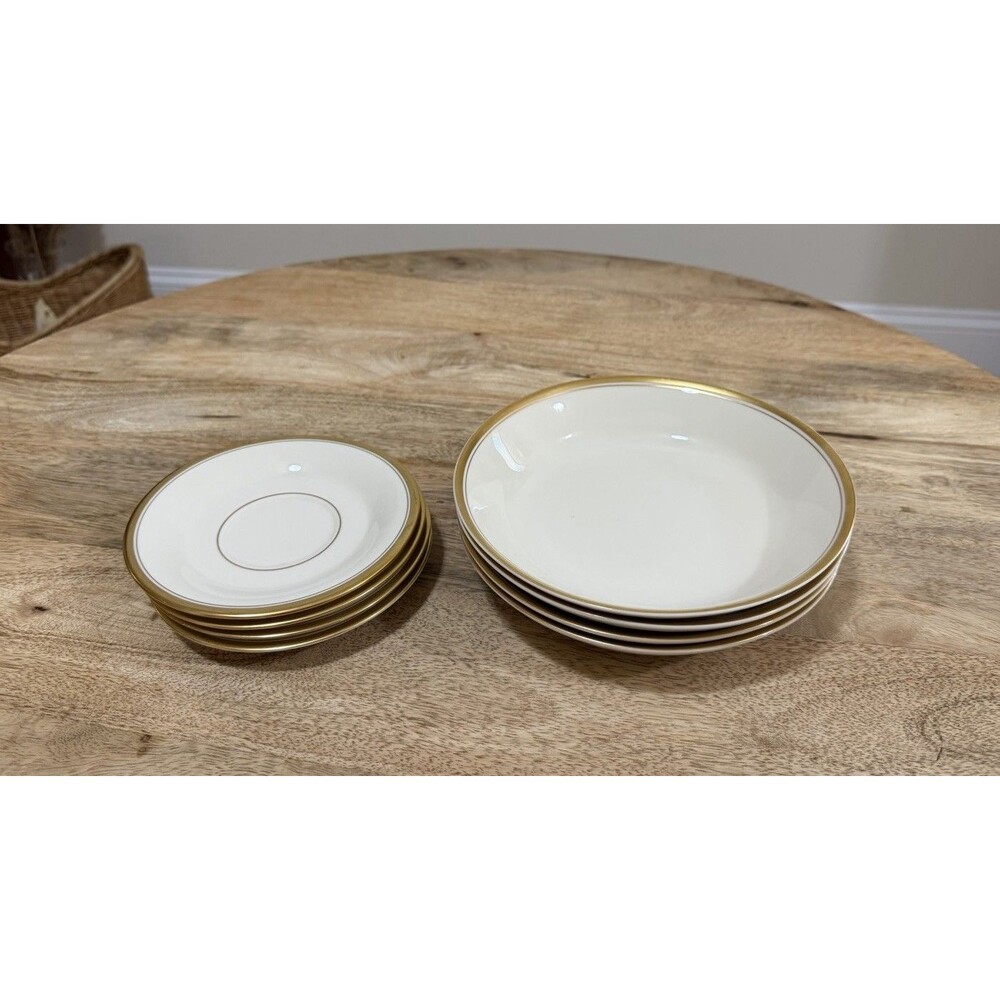 Set Of 8 Old Ivory Syracuse China OPCO 4 Saucer & Salad Bowl Gold Trim Lining